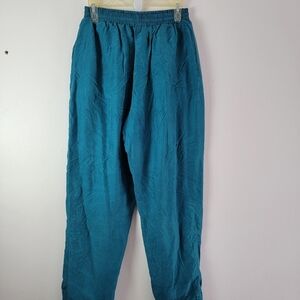 80s Vintage Beautex Silk Joggers Track Pants Pockets Large Teal Jewel Tone